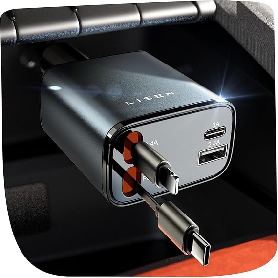 LISEN Retractable Car Charger, 84W Car Charger USB C Fast Charge, 4 in 1