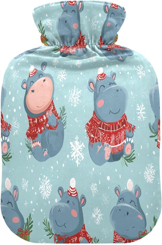 Christmas Hippo Snow Hot Cold Water Bottle with Fleece Cover PVC Hot Water Bag 2 Liter