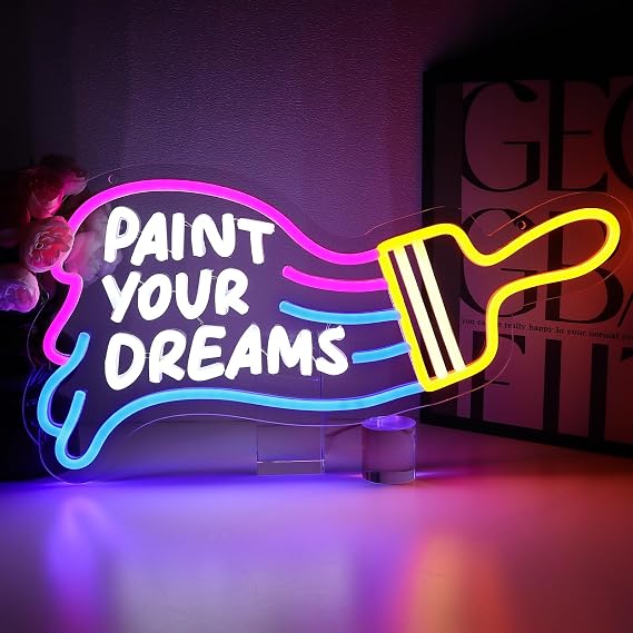 Paint Your Dreams Neon Sign for Wall Decor, Drawing Led Sign for Art Studio, USB Dimmable Paint Brush Neon Light for Art Classroom Paint Party Decoration Home Shop Kid Room