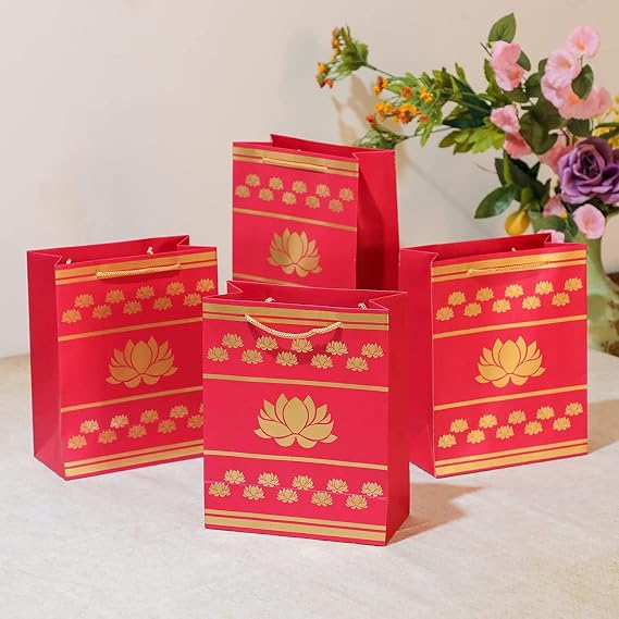 Pink Lotus Printed Indian Gifts bags, Party favor bags, goodie bags, small paper for Diwali gifts, pooja favors, Housewarming gifts, wedding return - 9.84x7.85 Inch (Pack of 4)