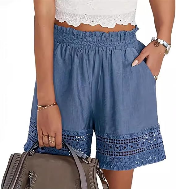 Women's Boho Lace Trim Shorts, 100% Polyester Elastic Waist Casual Beach Shorts, S-2XL