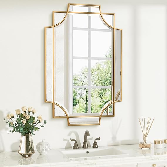 Gold Bathroom Mirror for Wall, 24"x36" Rectangle Vanity Mirror, Polished Beveled Modern Decorative Mirror for Entryway, Living Room, Bedroom (Horizontal/Vertical)