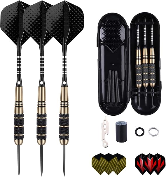 Steel Tip Darts Set for Dartboard, Professional Brass Darts Metal Tip Black Purple Aluminium Nylon Shafts 9 Flights 50 Rubber O-Rings 12 Spring Rings 1 Dart Sharpener Tool 24/27 Grams