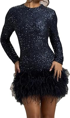 Recious Womens Sexy Long Sleeve O Neck Sequins Bodycon Feather Fur Bodycon Party Clubwear Dress