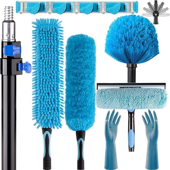 20 Foot High Ceiling Fan and Cobweb Duster with 12ft Extension Pole | Heavy Duty, Microfiber Feather, Window Squeegee Kit