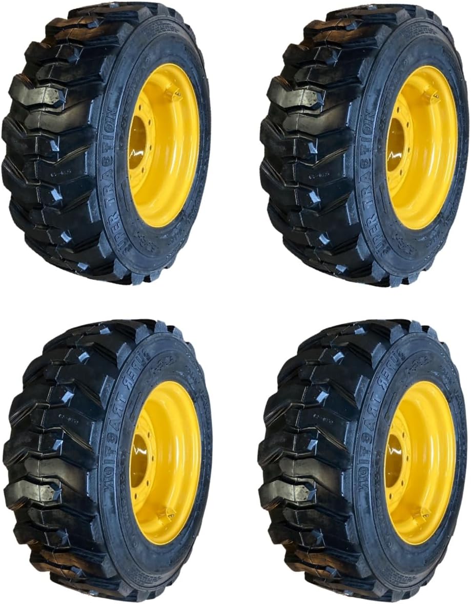 Set of 4-12-16.5 Forerunner SKS-1 Skid Steer Tires and WheelsRims 8 lug 6.5 Back Spacing, for John Deere, Mustang & more - 14PLY - 12X16.5