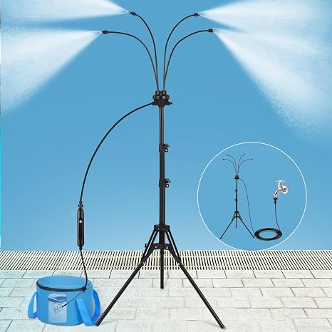 5.25FT Portable Misting Cooling System - Use with Pump or Directly to Faucet, with 4500mAh Rechargeable USB Pump, 26.5FT Hose, 4-Gallon (15L) Water Bag, Misters for Patio, Camping, Pool, Garden