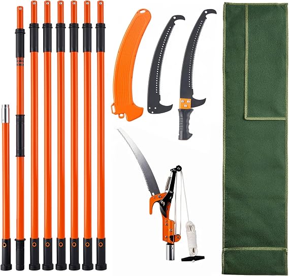 VEVOR Manual Pole Saw, 7.3-27 ft Extendable Tree Pruner, Sharp Steel Blade and Scissors High Branches Trimming, Branch Trimmer with Lightweight 8 Fiberglass Handles, for Pruning Palms and Shrubs