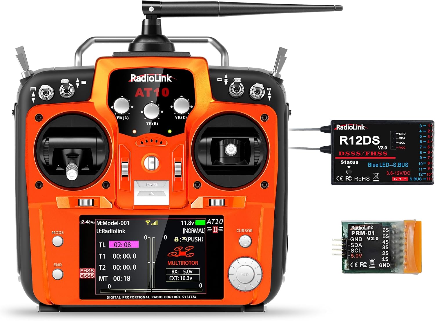 Radiolink AT10II 12 Channels RC Transmitter and Receiver R12DS 2.4GHz Radio Remote, Voltage Telemetry for RC Airplane, FPV Racing Drone, Quad, Helicopter, Car and Boat Mode 2 Left-Hand Throttle