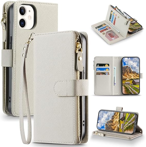 Wallet Case for iPhone 11 Purse with Wrist Strap,6.1",Beige Gray