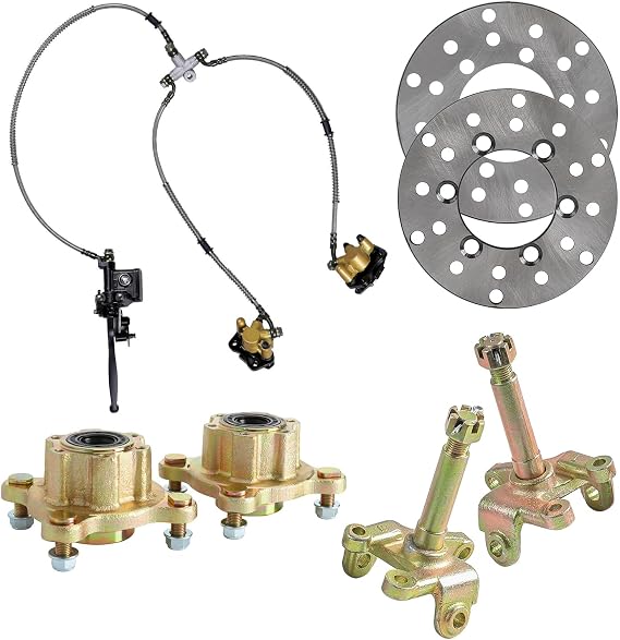 Front Go Kart Steering Knuckle Spindle & 4 Stud Wheel Rim Hub Brake Master Caliper with 110mm Disc Brake Rotor for 50cc 70cc 90cc 110cc 4 Wheeler Buggy ATV Quad Bike