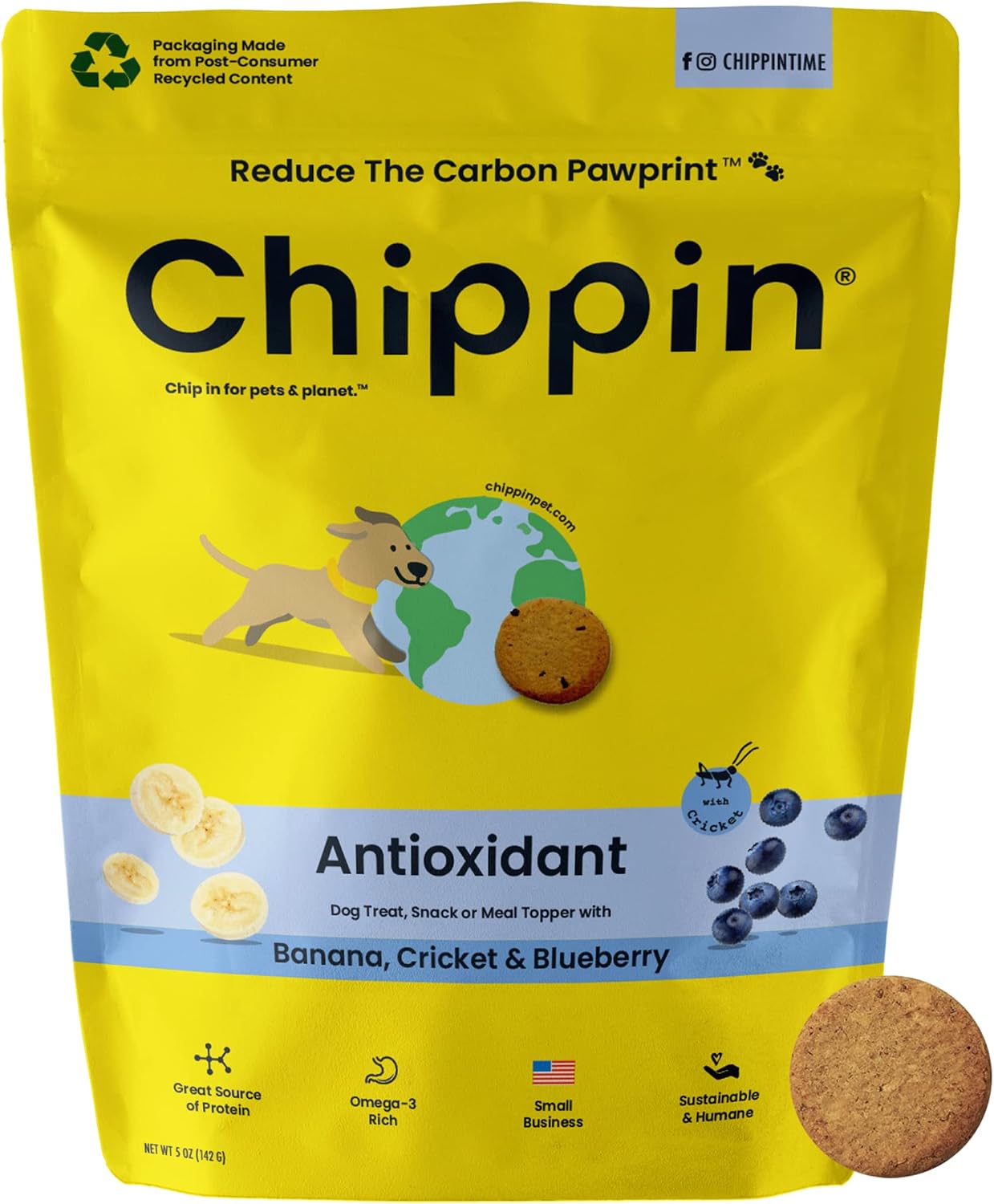 Chippin Cricket Protein Healthy Dog Treats with Blueberries | Antioxidant | Hypoallergenic | Anti-inflammatory for Senior Dogs | Locally Sourced | Sustainable, Natural & 100% Made in USA 5oz