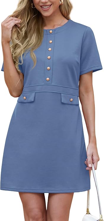 GRECERELLE Women's Summer Short Sleeve Button Crew Neck Elegant Business Work Bodycon Mini Short Dresses