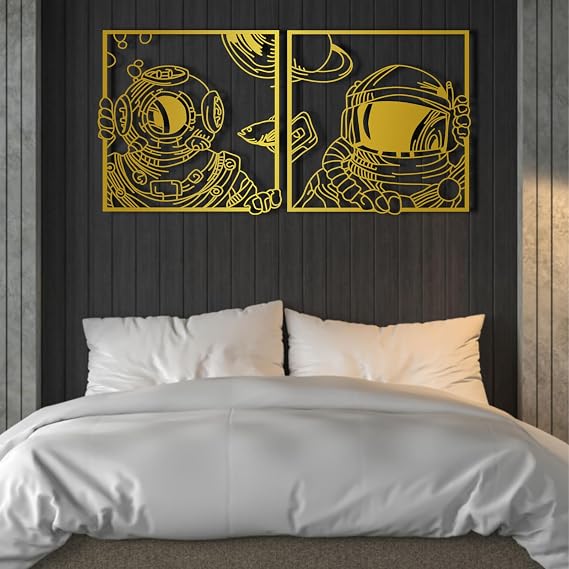 Metal Wall Decor, Astronaut Metal Wall Decor Set of 2, Large Metal Astronaut Wall Sculpture, Diver Metal Wall Art, Ocean and Space Decor, Modern Living Room Art (19.6" x 19.6" / 50 x 50 cm (for each panel), gold)