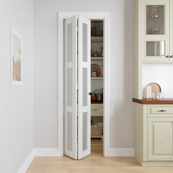 Bifold Doors for 24" x 80" Opening,3-lite Tempered Frosted Glass | Closet Folding Doors with Hardware kit Included, Easy Assembly for Pantry Closet, White,Water-Proof PVC Surface