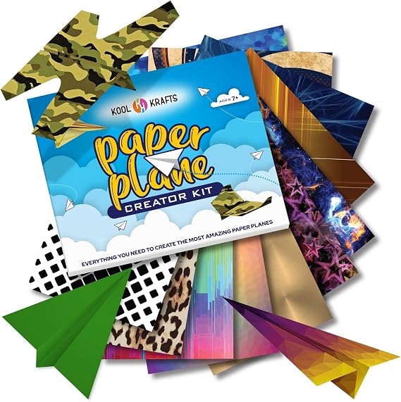 Paper Airplanes - Craft Kit, Airplane Activities for Kids, Set Includes 65 Sheets 40 Colored 25 Patterned Paper, Nice Colored Book, 15 Easy Step Colored Designs, Large Size 8x10.5, Airplane Toy,