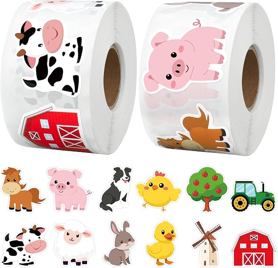 1200 Pcs Farm Animal Stickers Roll 1.5'' Farm Theme Self-Adhesive Sticker Labels 12 Designs Barnyard Animal Cow Sheep Pig Incentive Decals for Classroom Teacher Reward Office Envelope Gift Party Decor