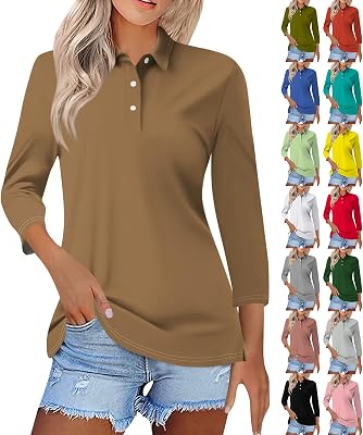 Polo Shirts for Women 34 Sleeve Collared Work Business Casual Tops Funny Golf Button Three Quarter Length Blouses