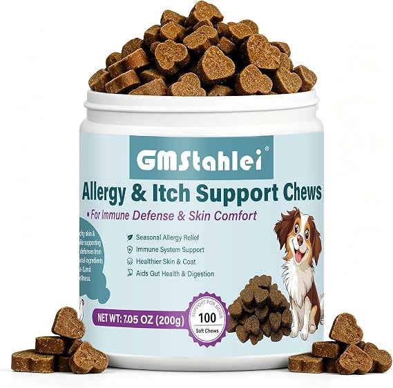 Dog Allergy Dog Treats Pack of 100 with Omega-3 Fish Oil Colostrum &amp; Probiotics Itch Relief Skin &amp; Coat Care Immune Support for Seasonal Allergies (A)