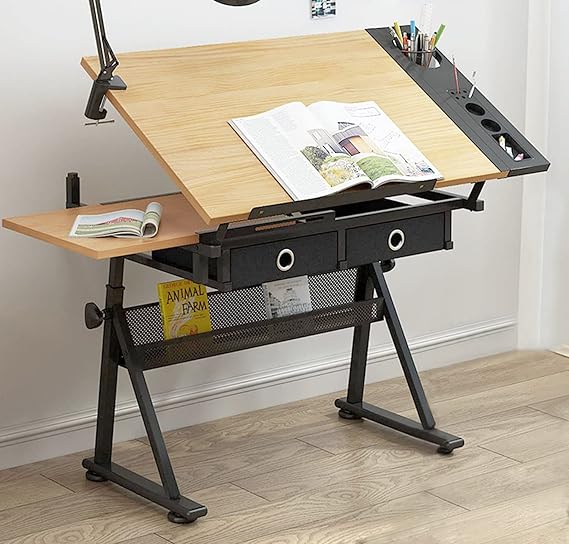 tonchean Drafting Table Drawing Desk Art Desk Adjustable Height with Drawers, Tilting Tabletop Artist Desk Drafting Desk Painting Desk Artist Table with Storage for Home Office