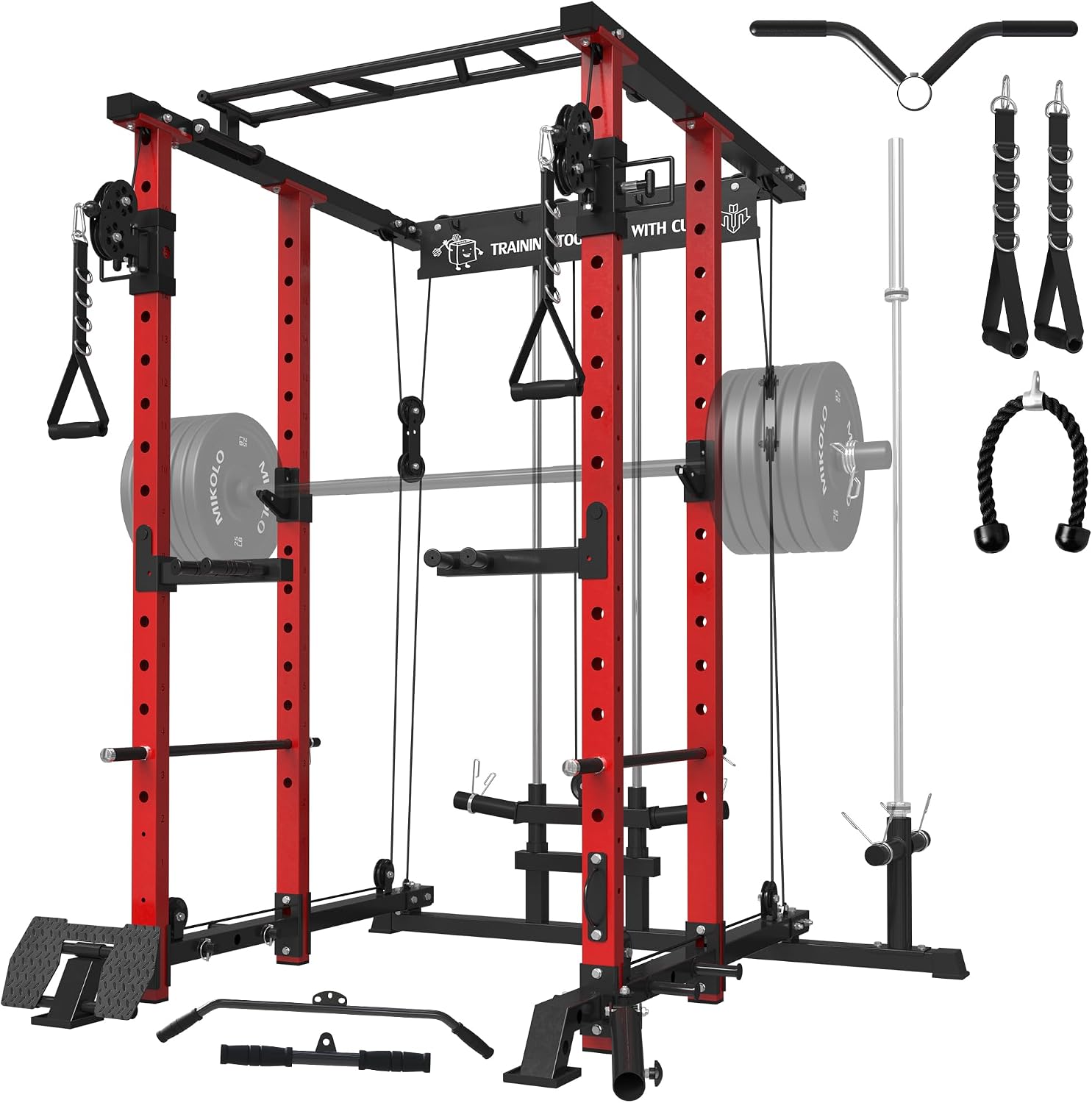 Power Cage Power Rack with Lat Pull Bar Cable Pull Station with J Hooks Landmine Band Peg Battle Rope Rope Squat Rack with 680 kg Maximum Load for the Home Gym