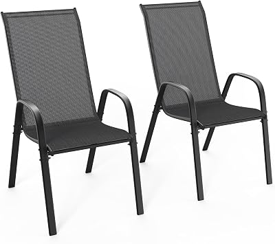 VINGLI Patio Chairs Set of 2 Stackable Outdoor Dining Chairs with Comfortable Sling High Back Chairs and Armrests for Lawn, Poolside, Courtyard, Balcony, Garden, Black