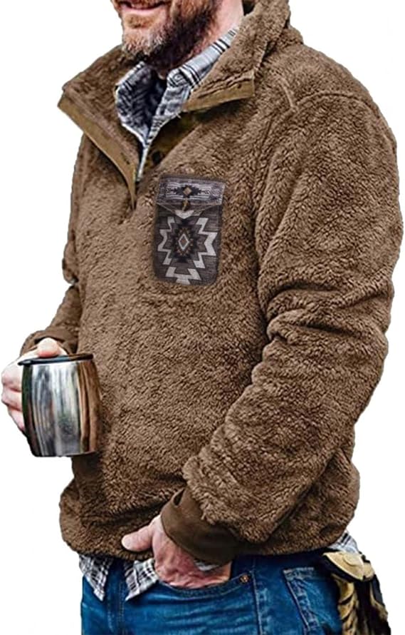 Beotyshow Mens Aztec Fleece Jackets Tribal Fuzzy Sherpa Pullover Sweatshirt