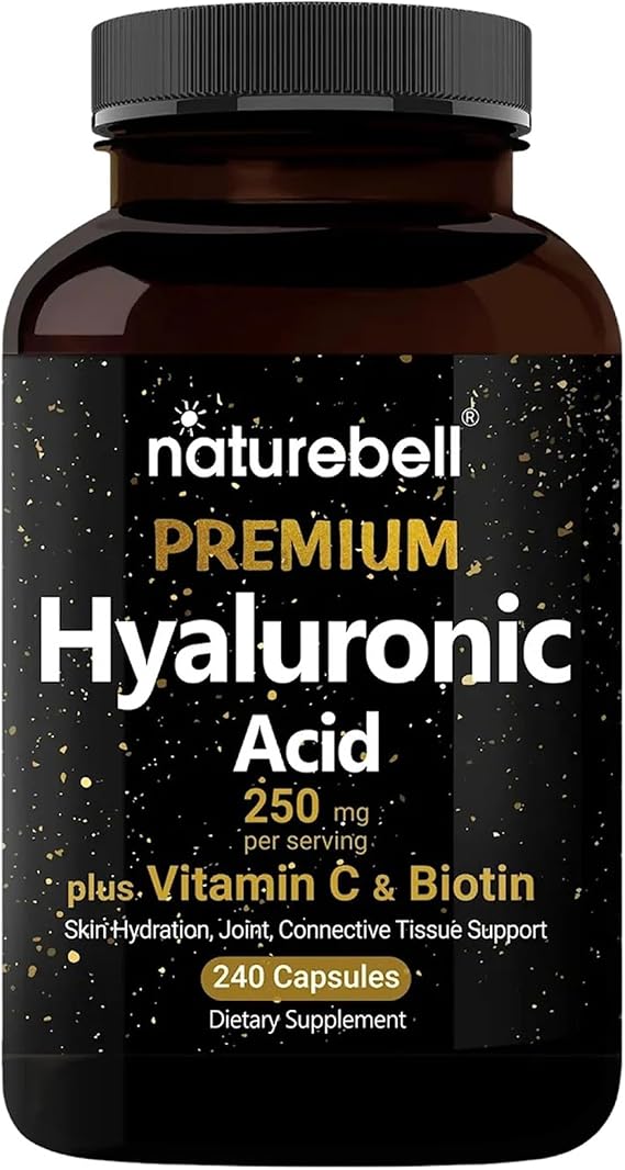 NatureBell Hyaluronic Acid 250mg - 240 Capsules - 250mg Hyaluronic Acid for Skin* - 5000mcg Biotin for Hair Growth* - 25 mg Vitamin C - Supports Bone, Eye & Joint Health*