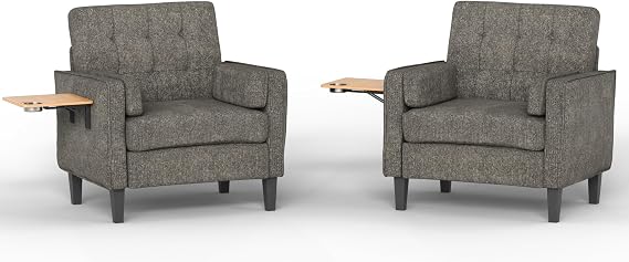 Chenille Accent Chair, Mid Century Modern Arm Chair with Foldable Wooden Side Table & Cup Holder - Comfy Reading Chair for Bedroom,Living Room Chairs,Sofa Chair Set of 2,Dark Grey