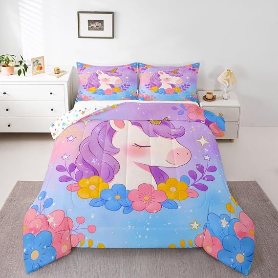 Feelyou Twin Size Unicorn Duvet Quilt Boys Girls Cute Blue Purple Unicorn Bedding Set for Kids Unicorn Glitter Comforter Set Floral Printed Room Decor Bedclothes Breathable Soft Microfiber