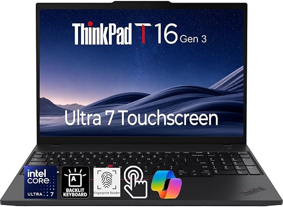 Lenovo ThinkPad T16 Gen 3 Business AI Laptop, 16" WUXGA Touchscreen, Intel Core Ultra 7 165U vPro, 16GB DDR5 RAM, 1TB SSD, Thunderbolt 4, Fingerprint, Wi-Fi 6E, Black, Windows 11 Pro