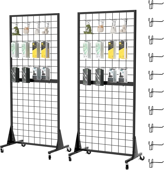 Gridwall Panel Display Stands, 2'x5.5' Ft, Heavy-Duty Floorstanding Retail Display Rack with Triangle-Base for Retail Art Fair Show (Black Finish，2 Pack)