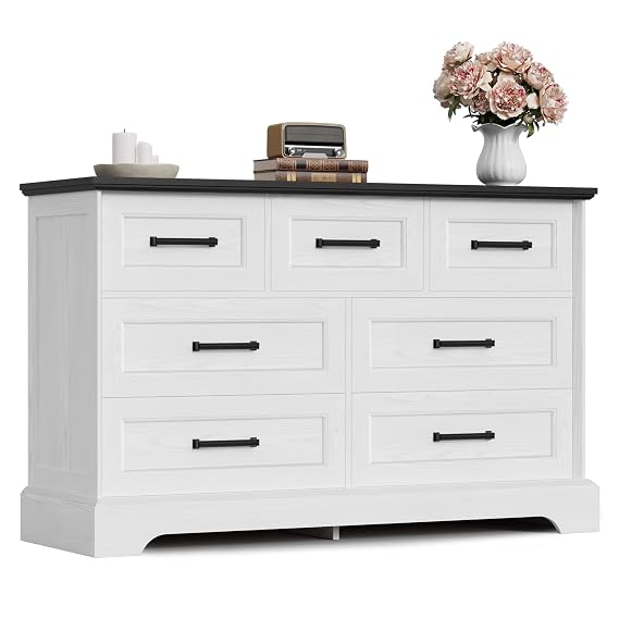 Furmax Farmhouse Dresser for Bedroom, 7 Drawers Dresser, White & Black