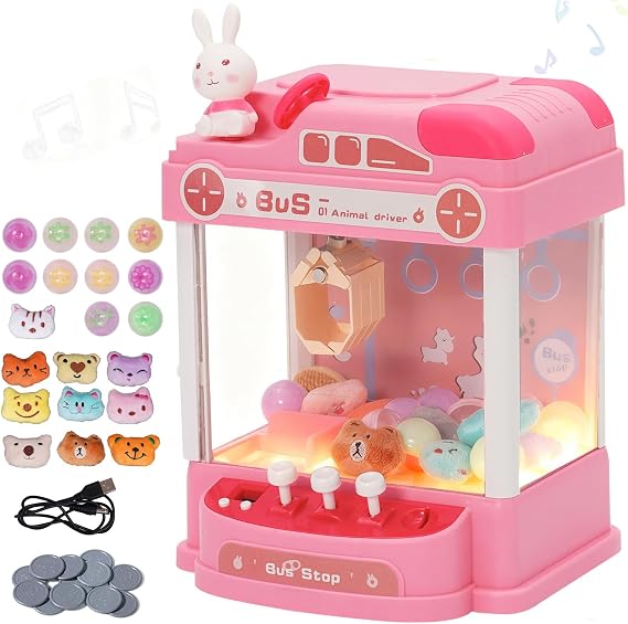 Claw Machine Toy Set Claw Machine Mini Doll Grabber with Light and Music Interactive Toy Crane Game with 10 Dolls ,10 Twists Mini Doll Grabber Arcade Game for Kids Boys Girls