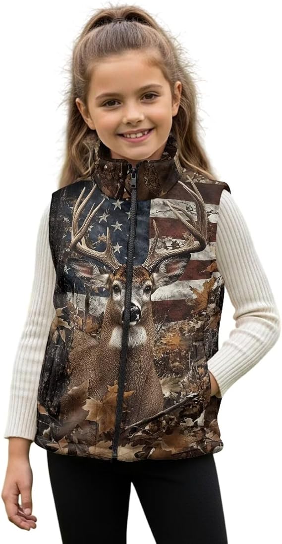 WELLFLYHOM Hunting Vest for Girls Boys Camo Jacket 2-12Y Stand Collar Kids Toddler Hunting Jacket Zipper Fleece Vest