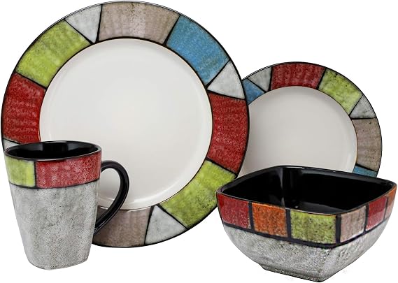 Elama Stoneware Dinnerware Collection, 16 Piece, Multi-Color