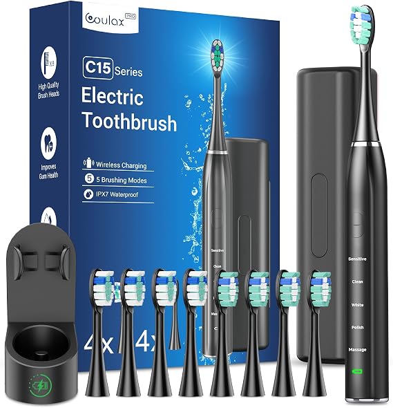 Electric Toothbrush - Sonic Electric Toothbrush for Adults with Wireless Charging Station and 8 Brush Heads, 5 Modes, Sonic Toothbrushes with Travel Case, Brushing Timer