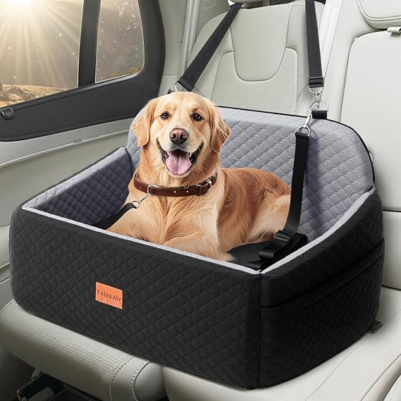 Petcozife Dog Car Seat, Booster Bed for Dog Under 55 Lbs, Black/Gray, Large | Removable Washable Cover, Automotive Backseat Travel, Comfy Thick Cushion, Dual Safety Leashes, Fits 2 Puppies