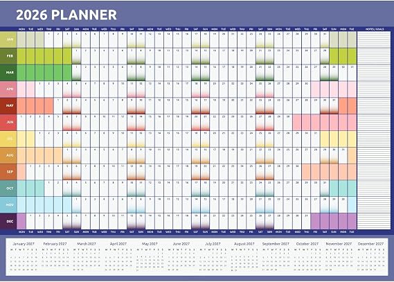 Evelay 2026 Wall Planner A3 Size (42cm x29.7cm) Full Year to View Calendar Home Office School Organiser (Rainbow) - Made in UK
