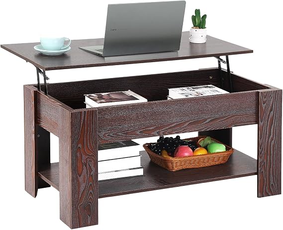 PayLessHere Coffee Table Lift Top Coffee Tables with Hidden Compartment and Storage Shelf Wooden Lift Tabletop Dining Table for Living Room Home (Espresso, 39" D x 28" W x 24" H)