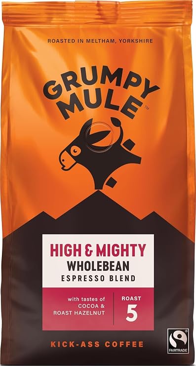 Grumpy Mule High and Mighty Espresso Blend Whole Coffee Beans with notes of Cocoa and Roast Hazelnut 200g