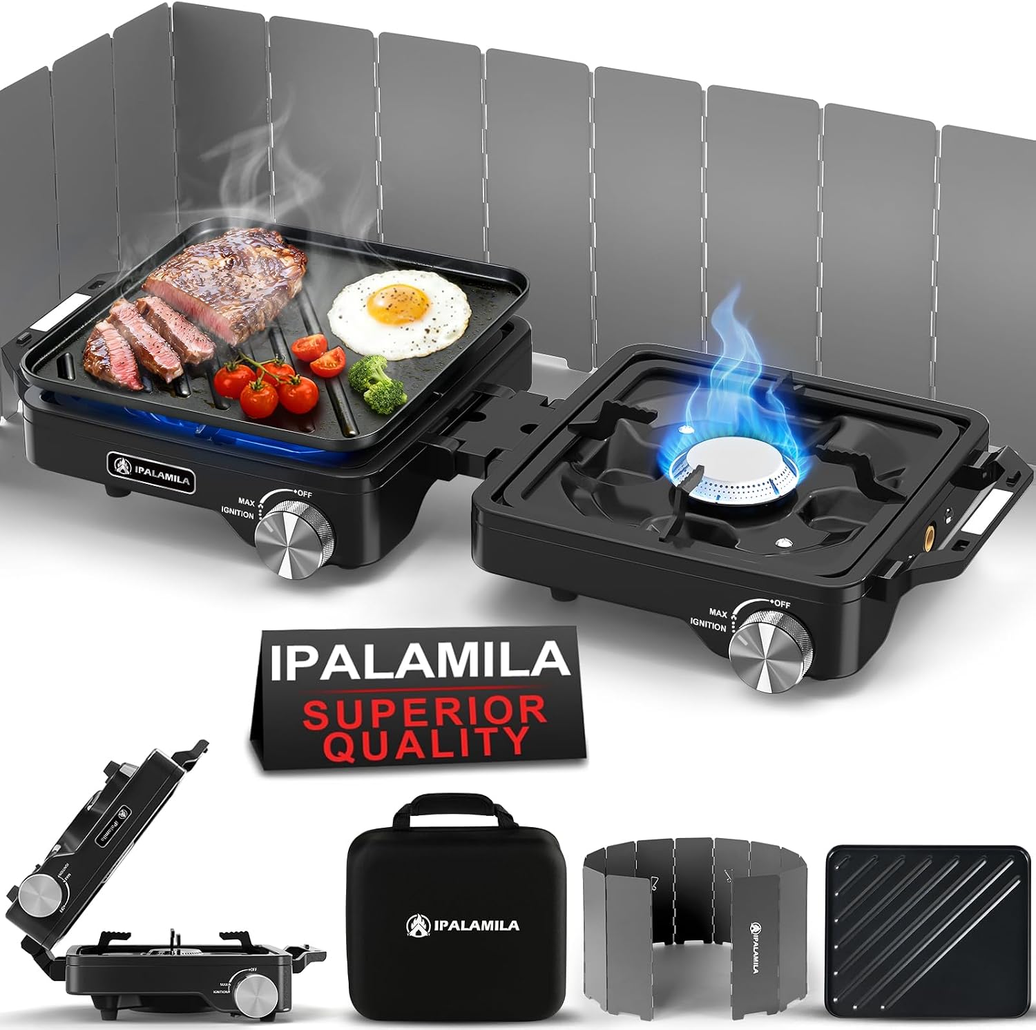 2-Burner Pro Camping Stove,7000W Camping Stove Gas Portable,Foldable Gas Stove,Windscreen Griddle, Portable Stove,Camping Essentials,Suitable For Outdoor Cooking,WinterMoot,Grilling