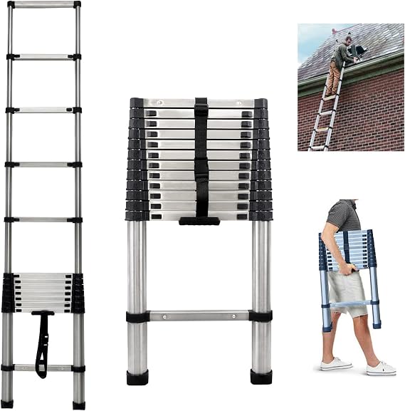 Telescoping Ladder Extension Ladder 12FT Collapsible Ladder Telescopic Extendable Ladder, Stainless Steel Attic Ladder Rv Ladder Roof Ladder, Multi-Purpose Ladder for Household Daily, 330 Lb Capacity