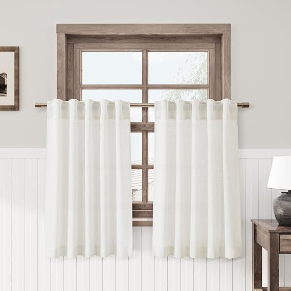 Nanspring Beige White Kitchen Curtains 30 Inch Length Back Tab Light Filtering Linen Blend Semi Sheer Short Cafe Curtain Modern Elegant Mini Drapes for Small Window Basement RV Laundry Camper 30x30