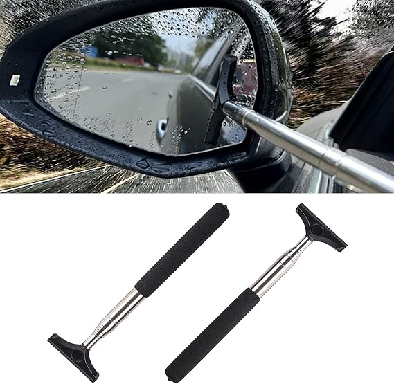 LJDJ Car Rearview Mirror Wiper 2 Pack, 98cm Telescopic Universal Cleaner | Scratch-free silicone blade, 98cm telescopic handle, removes water mist & stains, universal fit for all car mirror glass