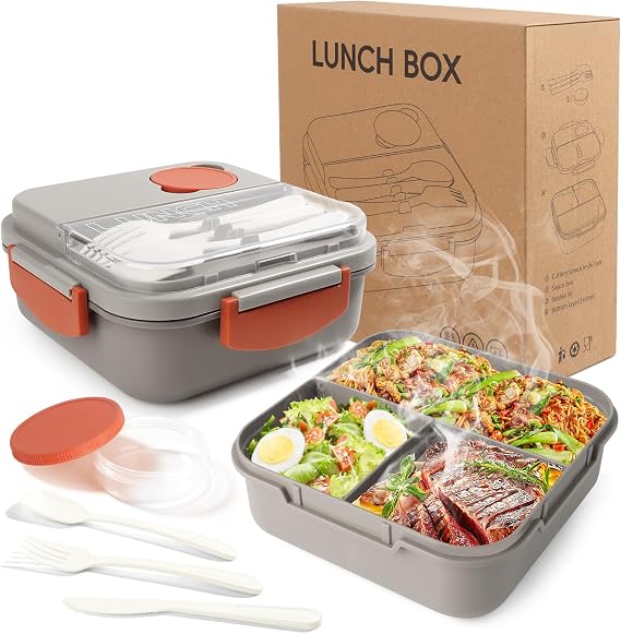 Single Layer Bento Box with 3 Compartments, 1400ml Lunch Box with Cutlery Set, Portable Dinner Snack Boxes Food Containers for School Work Men Women Students Microwave Dishwasher Safe (Khaki)