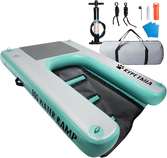 Dog Water Ramp, 60" x 40" Inflatable Dog Float Floating Ramp Ladder for Pools Boats Docks | Dog On Water Ladder Steps | for Swimming Pets Up to 220 Pounds (Mint Green)