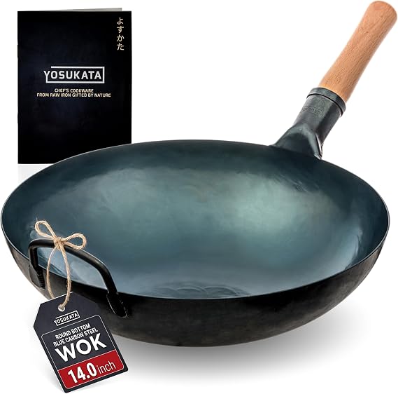 YOSUKATA 14 Blue Carbon Steel Wok with Round Bottom