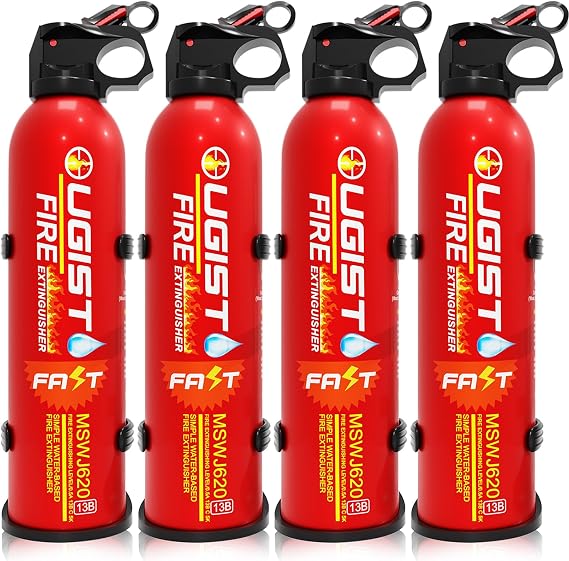 Multipurpose Fire Extinguisher (4 Pack, 21oz Each) with Wall Mount Bracket, Water-Based Foam No Residue, for Kitchen Grease & Electrical Fires, Portable Small Extinguisher for Home, Vehicle & Office