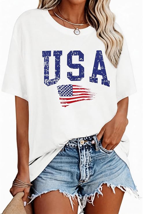 4th of July Outfits for Women USA Patriotic Shirts for Women Short Sleeve Red White and Blue Shirts American Flag Summer Tops